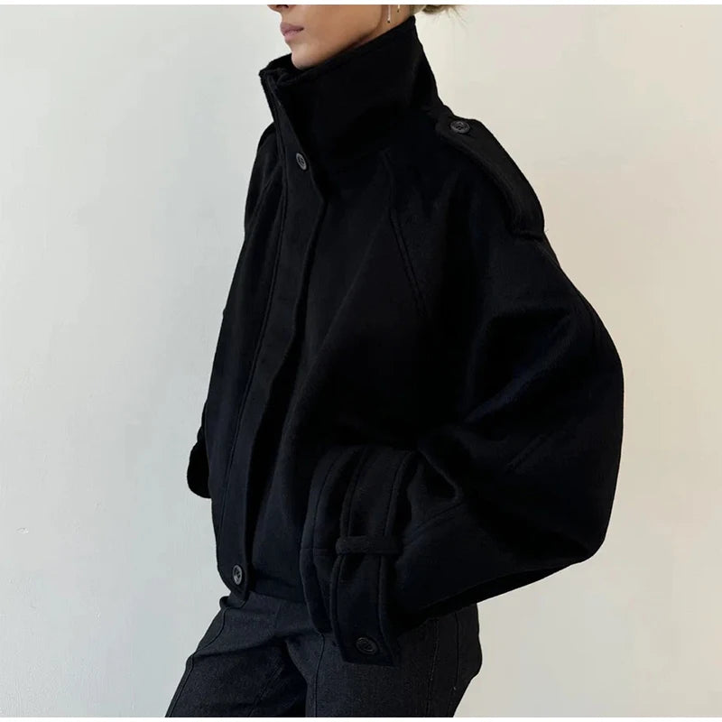 Fashion Short Woolen Coat For Women Stand Collar Full Sleeve Loose Zipper Jacket Female 2025 Spring Autumn Solid Lady Outwear
