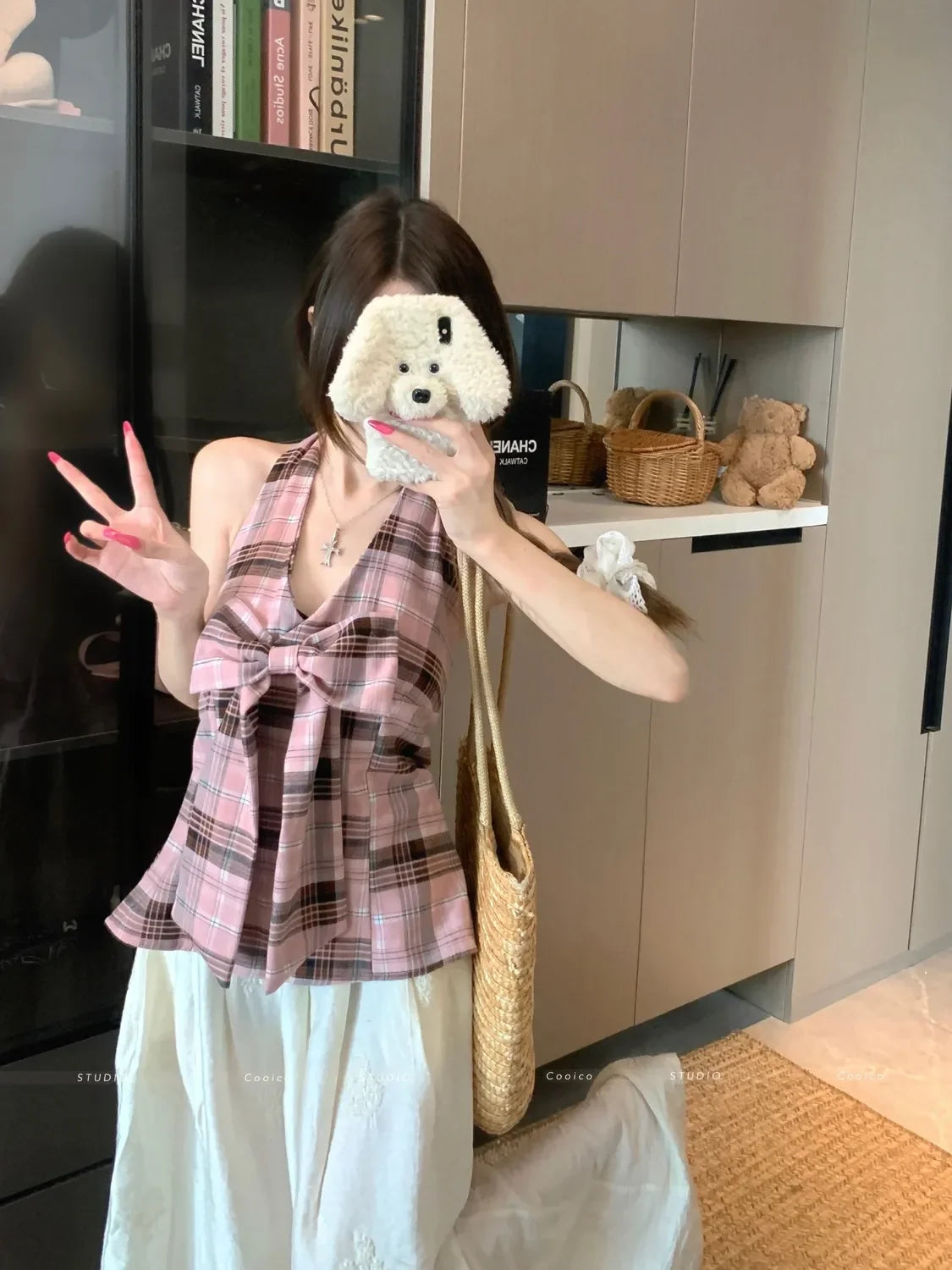 Women Plaid Bow Halter Tank Top Summer Sweet Slim Fit Sleeveless Vest Korean Style Backless Cute Girl Y2K Crop Top Casual Wear