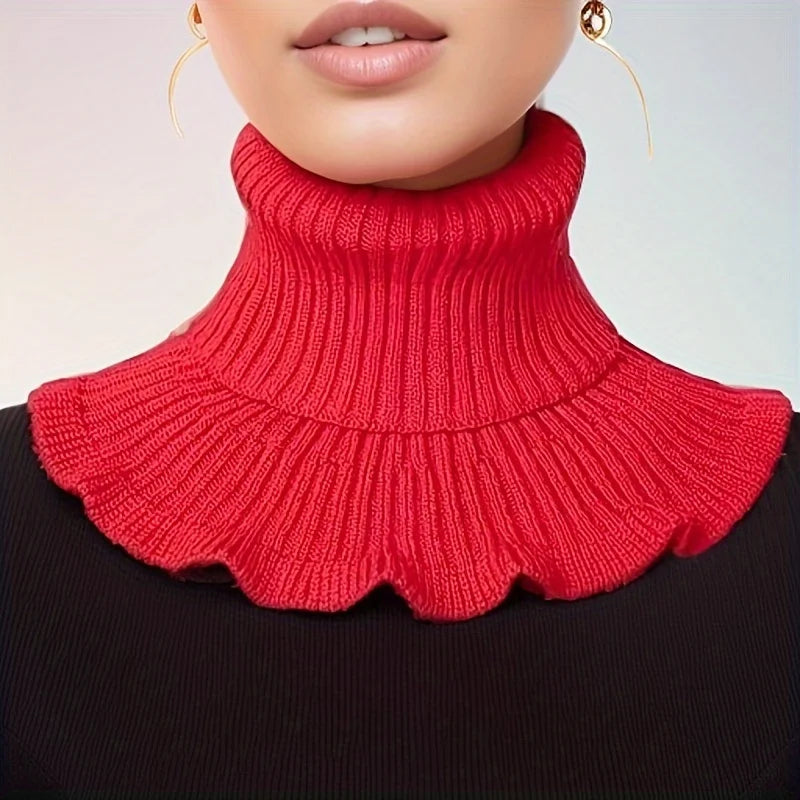 Fashionable black and white knitted false neck scarf - soft, thick, and warm, with elegant ruffle edge design for women