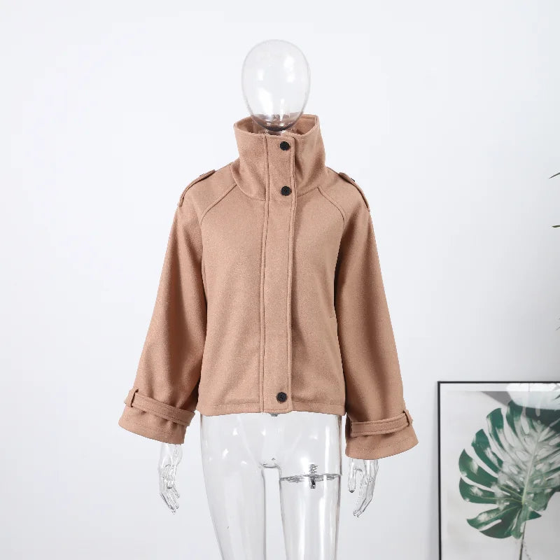 Fashion Short Woolen Coat For Women Stand Collar Full Sleeve Loose Zipper Jacket Female 2025 Spring Autumn Solid Lady Outwear
