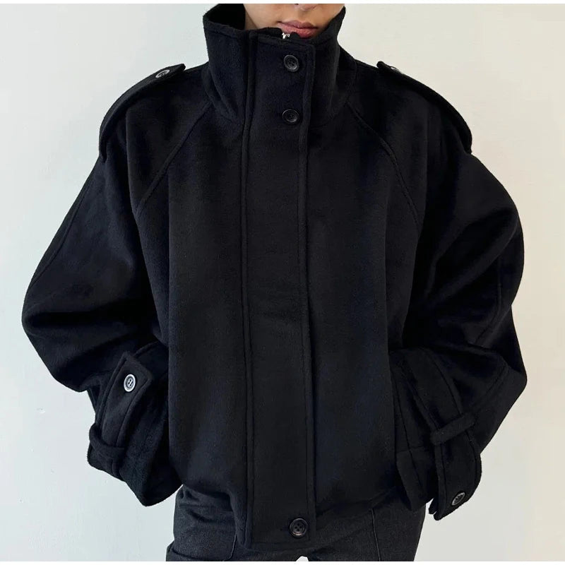 Fashion Short Woolen Coat For Women Stand Collar Full Sleeve Loose Zipper Jacket Female 2025 Spring Autumn Solid Lady Outwear