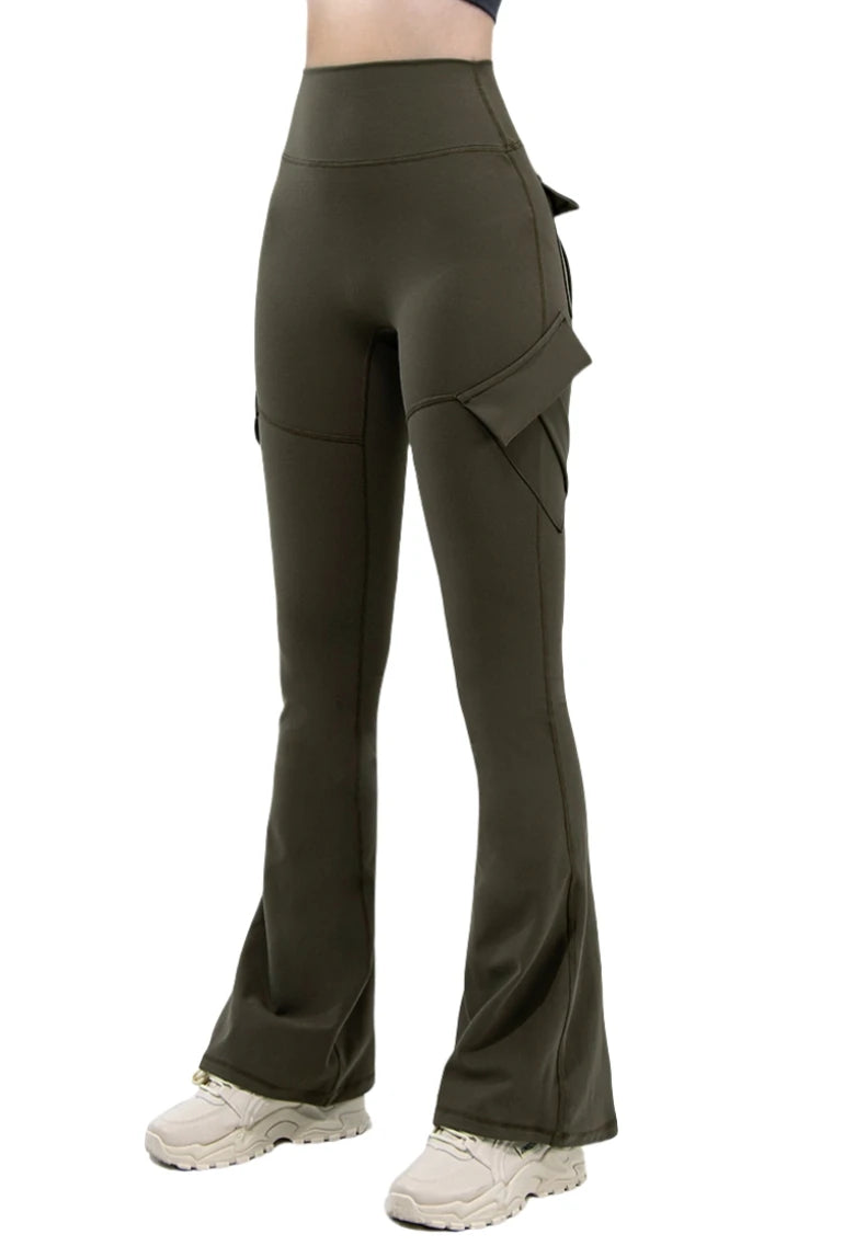 New Women Casual Bootleg Yoga Pants Plus Size Workout Flare Leggings High Waist dungarees Pants with Pockets Sports Wear