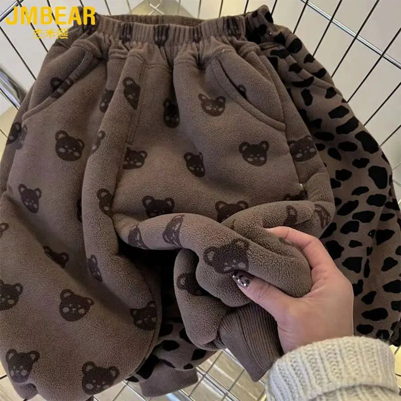 Kids' Bear & Leopard Print Fleece Pants - Winter Warm Soft Comfortable Casual Trousers for Girls and Teenagers