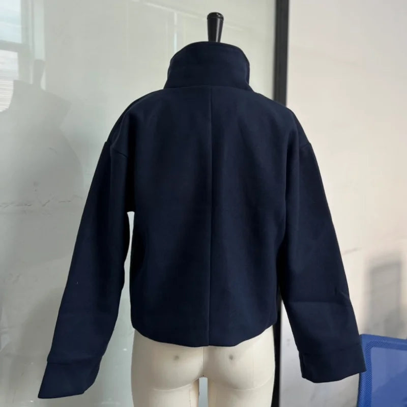 Fashion Short Woolen Coat For Women Stand Collar Full Sleeve Loose Zipper Jacket Female 2025 Spring Autumn Solid Lady Outwear