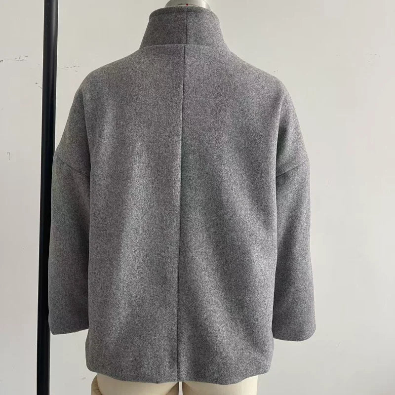 Fashion Short Woolen Coat For Women Stand Collar Full Sleeve Loose Zipper Jacket Female 2025 Spring Autumn Solid Lady Outwear