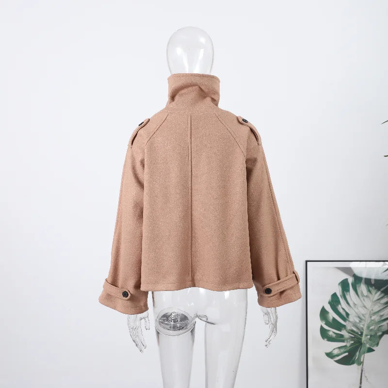 Fashion Short Woolen Coat For Women Stand Collar Full Sleeve Loose Zipper Jacket Female 2025 Spring Autumn Solid Lady Outwear