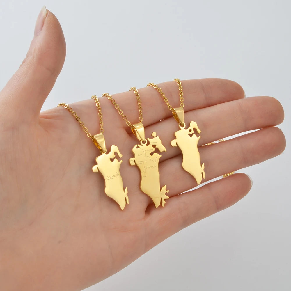 Anniyo 1Piece, Bahrain Map Pendant Necklaces Stainless Steel Jewelry 2025 New Arrivals #500962