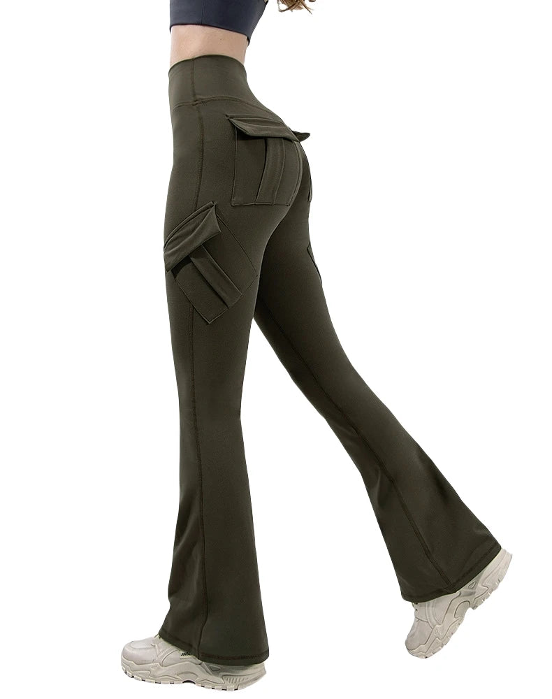 New Women Casual Bootleg Yoga Pants Plus Size Workout Flare Leggings High Waist dungarees Pants with Pockets Sports Wear