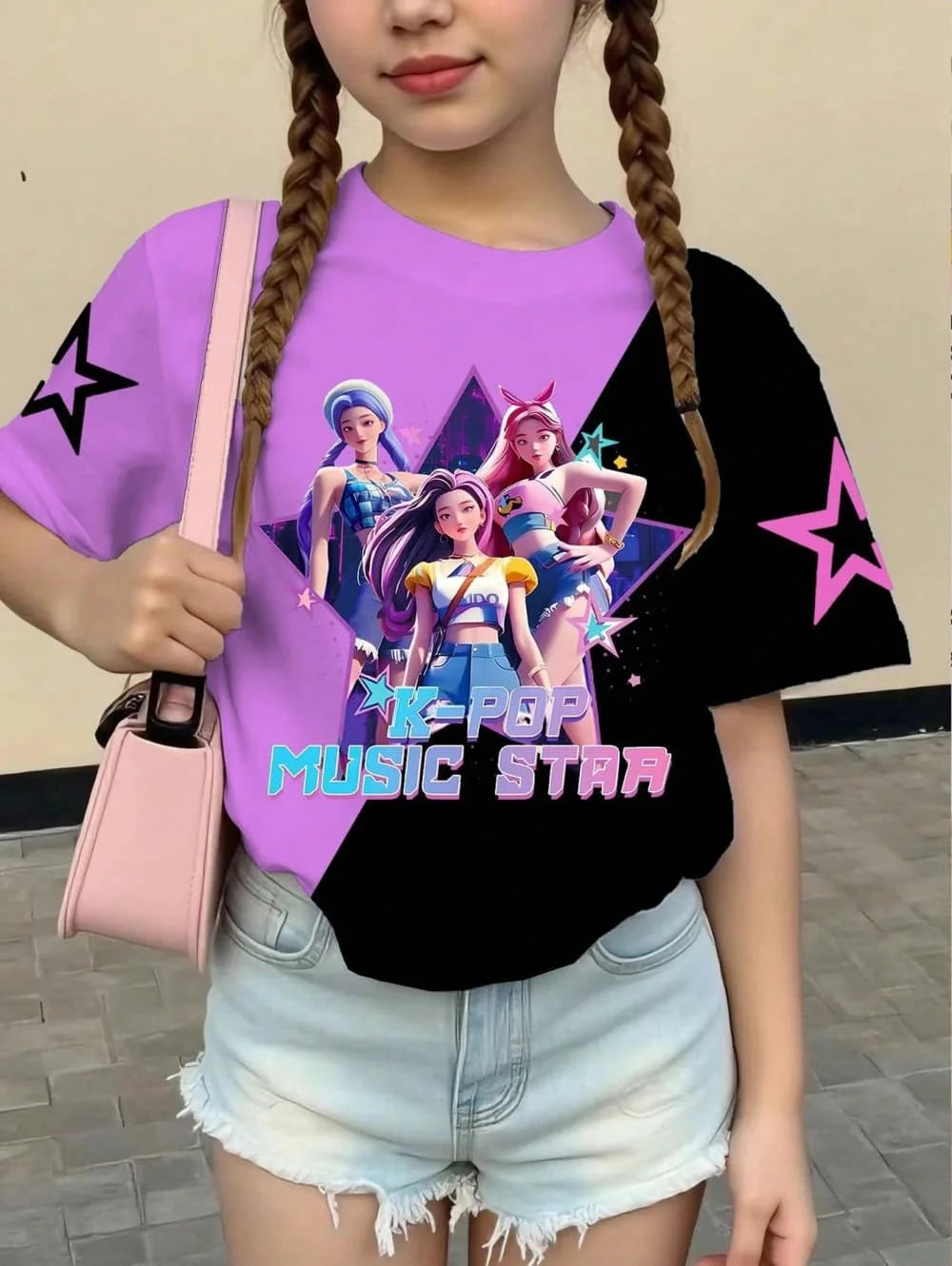 Kpop Cartoon Graphic Girls T-Shirt Casual Round-Neck T-Shirt Suitable for Girls Kids Gift Short Sleeve Tops Children's Clothing