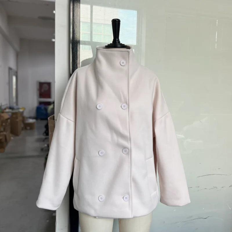 Fashion Short Woolen Coat For Women Stand Collar Full Sleeve Loose Zipper Jacket Female 2025 Spring Autumn Solid Lady Outwear