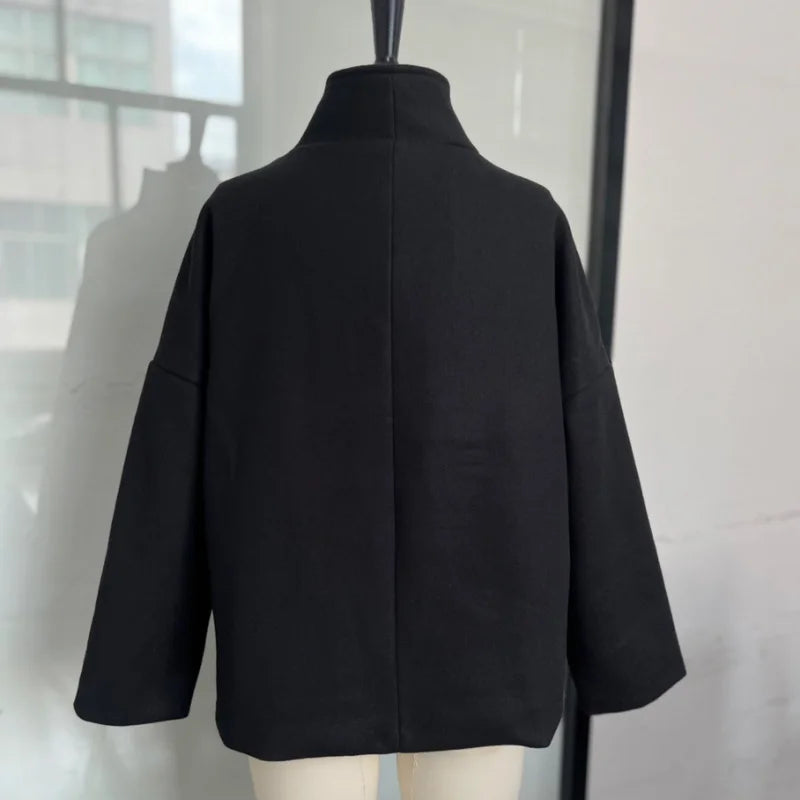 Fashion Short Woolen Coat For Women Stand Collar Full Sleeve Loose Zipper Jacket Female 2025 Spring Autumn Solid Lady Outwear