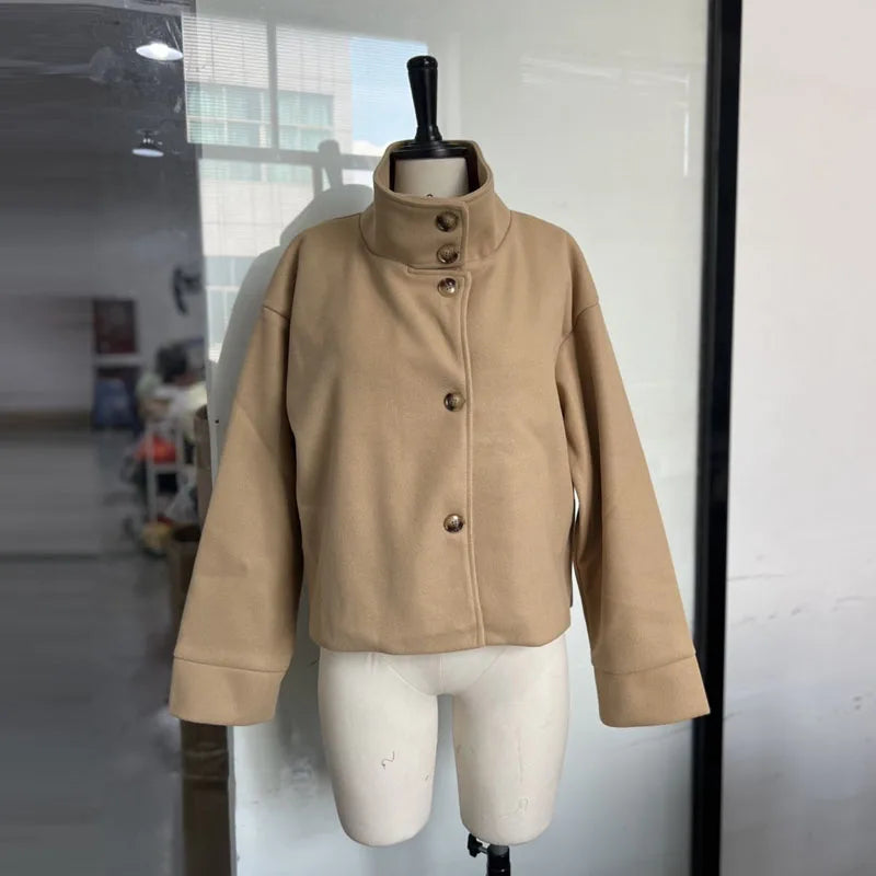 Fashion Short Woolen Coat For Women Stand Collar Full Sleeve Loose Zipper Jacket Female 2025 Spring Autumn Solid Lady Outwear