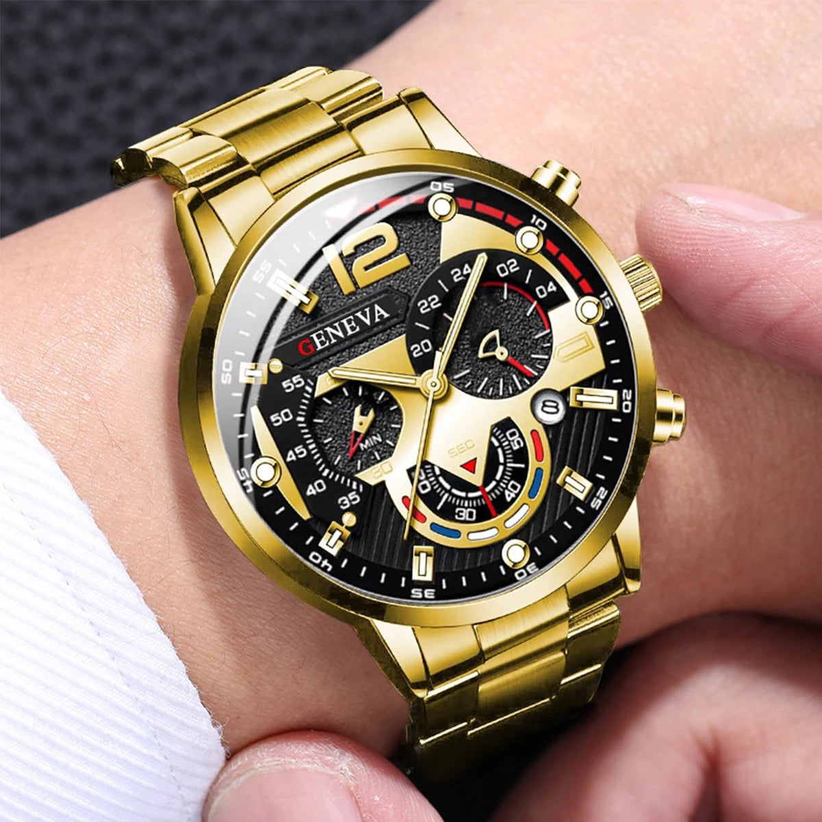4pcs/set Men Business Watches Fashion Gold Steel Band Analog Male's Quartz Watch Jewelry Set（Without Box）