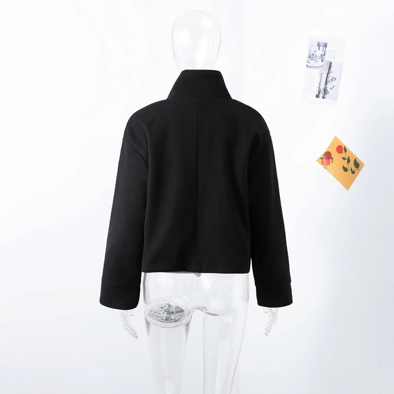 Fashion Short Woolen Coat For Women Stand Collar Full Sleeve Loose Zipper Jacket Female 2025 Spring Autumn Solid Lady Outwear
