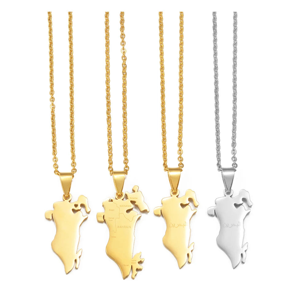Anniyo 1Piece, Bahrain Map Pendant Necklaces Stainless Steel Jewelry 2025 New Arrivals #500962