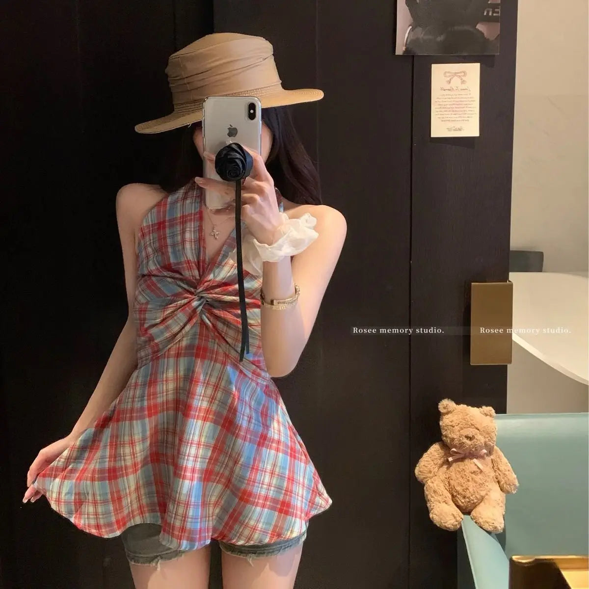 Women Plaid Bow Halter Tank Top Summer Sweet Slim Fit Sleeveless Vest Korean Style Backless Cute Girl Y2K Crop Top Casual Wear
