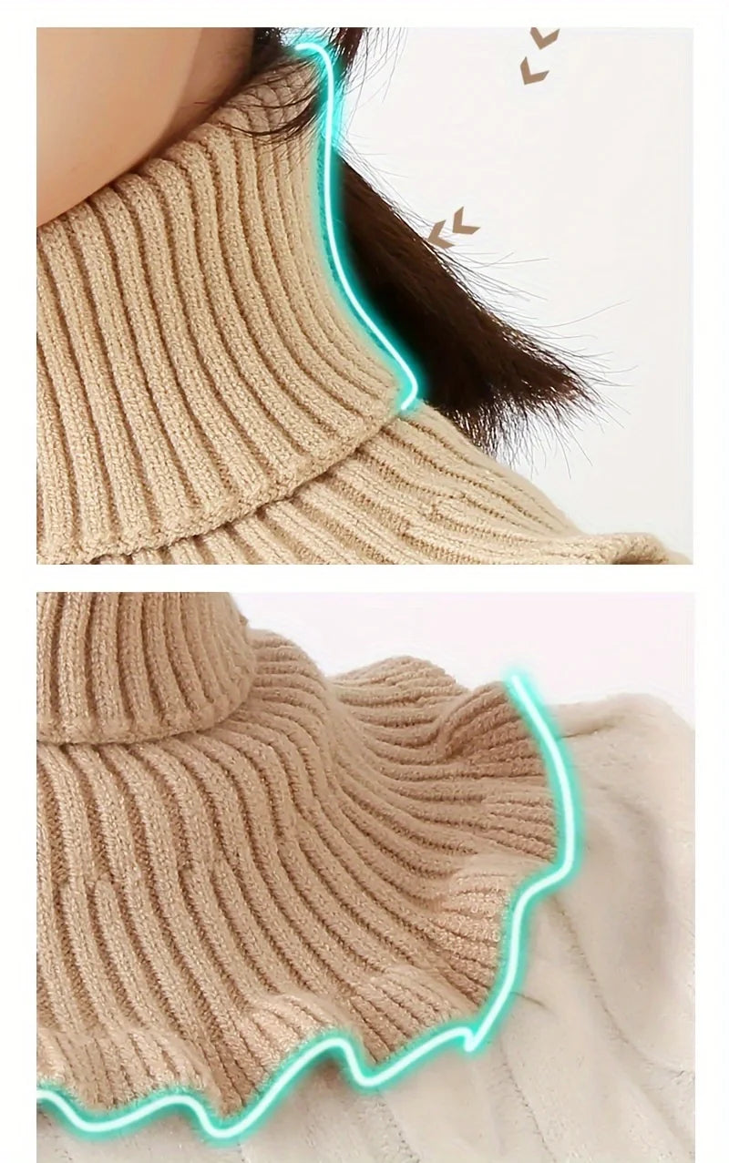 Fashionable black and white knitted false neck scarf - soft, thick, and warm, with elegant ruffle edge design for women
