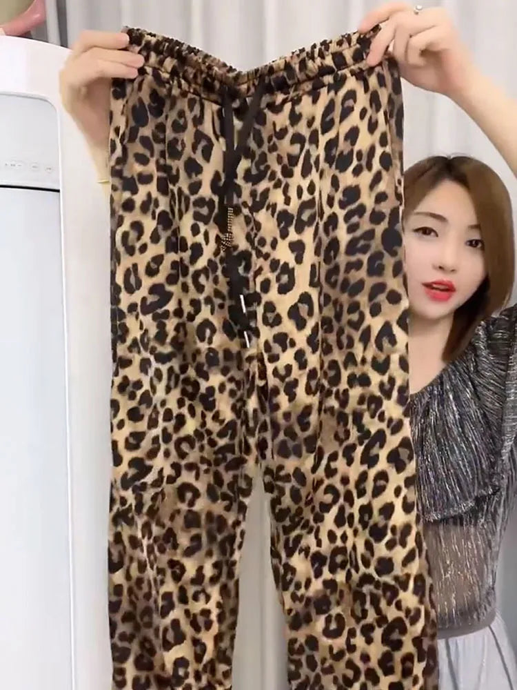 Fashion Leopard High Waist Women's Pants Vintage Casual New Y2K Female Pants Young Streetwear Hip-Hop Straight Trousers 2024