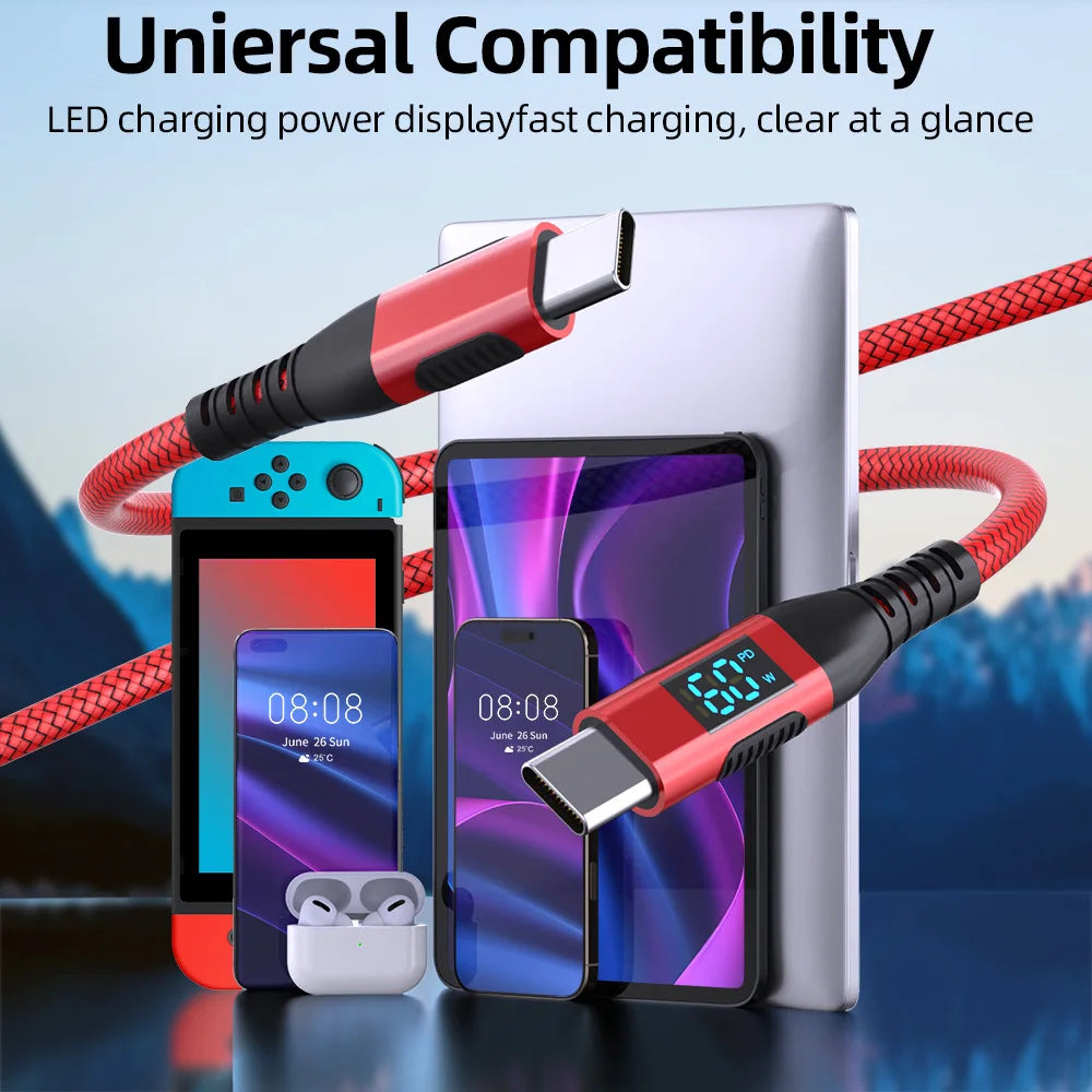 HOMEFISH LED Digital Display Dual Head Type-C Super Fast Charger 100W 6A Compatible with Huawei Xiaomi Phone PD Charging Cable