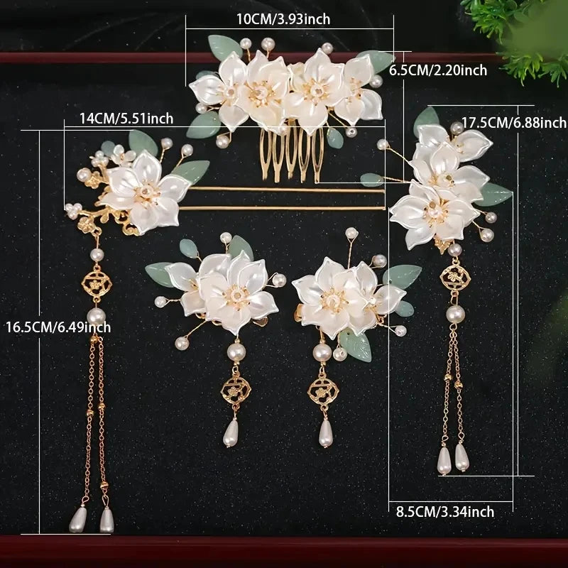 5-piece set featuring vintage floral and tassel designs, handmade Hanfu hair accessories, elegant classical style artificial flo