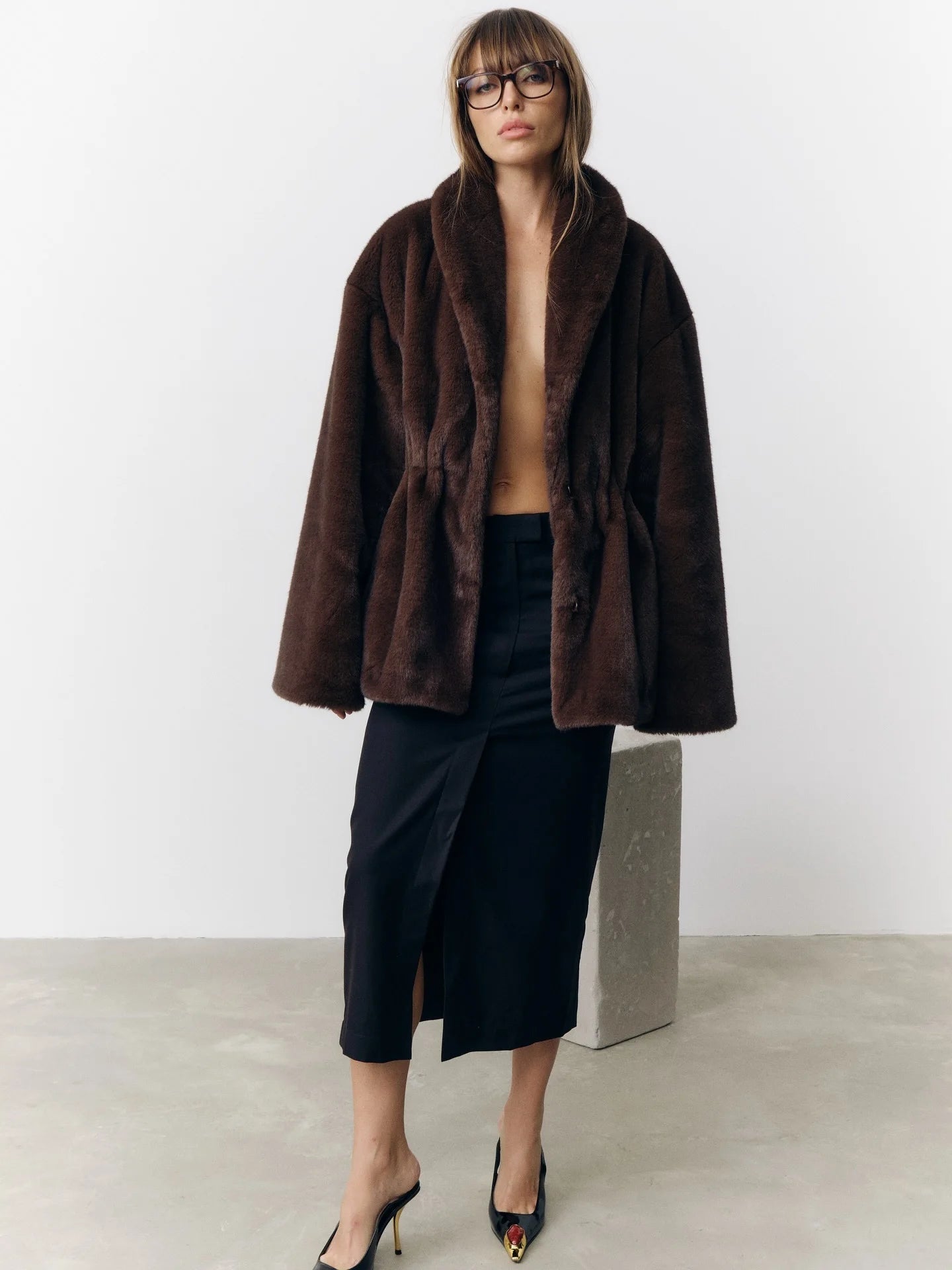 Fashion Mixed Color Lapel Collar Woman Long Coat Elegant Full Sleeve Loose Overcoat New Winter Lady High Street Faux Fur Jacket
