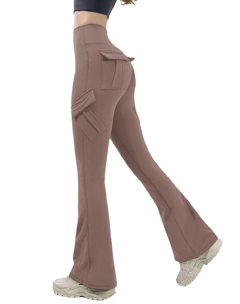 New Women Casual Bootleg Yoga Pants Plus Size Workout Flare Leggings High Waist dungarees Pants with Pockets Sports Wear