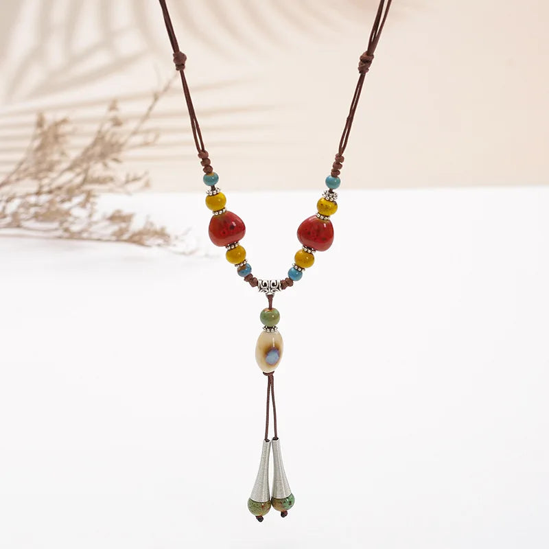 Fashion Ethnic Jewelry Traditional Handmade Ornaments Weave Wax Rope Ceramics Necklace Ceramics Beads Pendant Long Necklace
