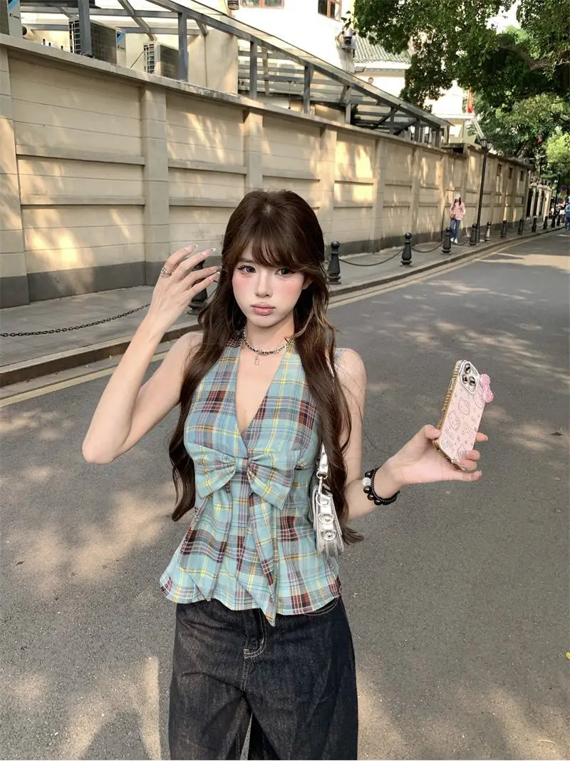 Women Plaid Bow Halter Tank Top Summer Sweet Slim Fit Sleeveless Vest Korean Style Backless Cute Girl Y2K Crop Top Casual Wear