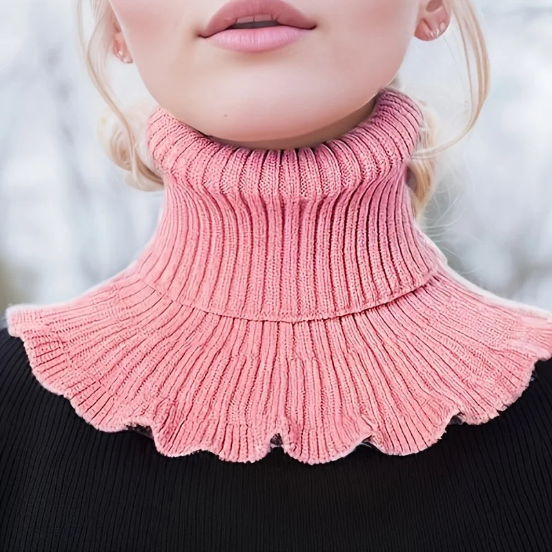 Fashionable black and white knitted false neck scarf - soft, thick, and warm, with elegant ruffle edge design for women