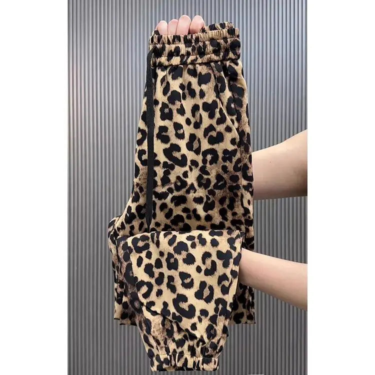 Summer New Ice Silk Leopard Print Pants Women Slim Harlan Loose Large Size Square Dance Sports High Waist Casual Trousers
