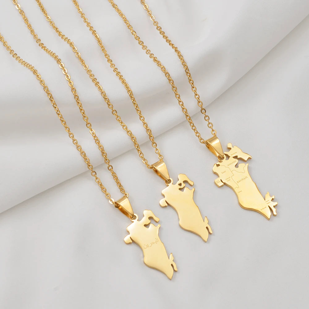 Anniyo 1Piece, Bahrain Map Pendant Necklaces Stainless Steel Jewelry 2025 New Arrivals #500962