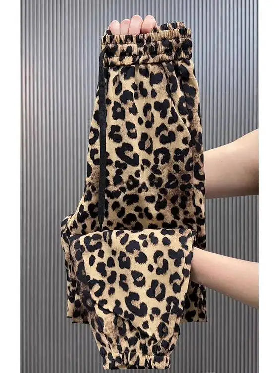 Summer New Ice Silk Leopard Print Pants Women Slim Harlan Loose Large Size Square Dance Sports High Waist Casual Trousers