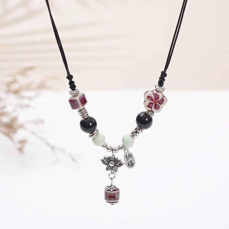 Fashion Ethnic Jewelry Traditional Handmade Ornaments Weave Wax Rope Ceramics Necklace Ceramics Beads Pendant Long Necklace
