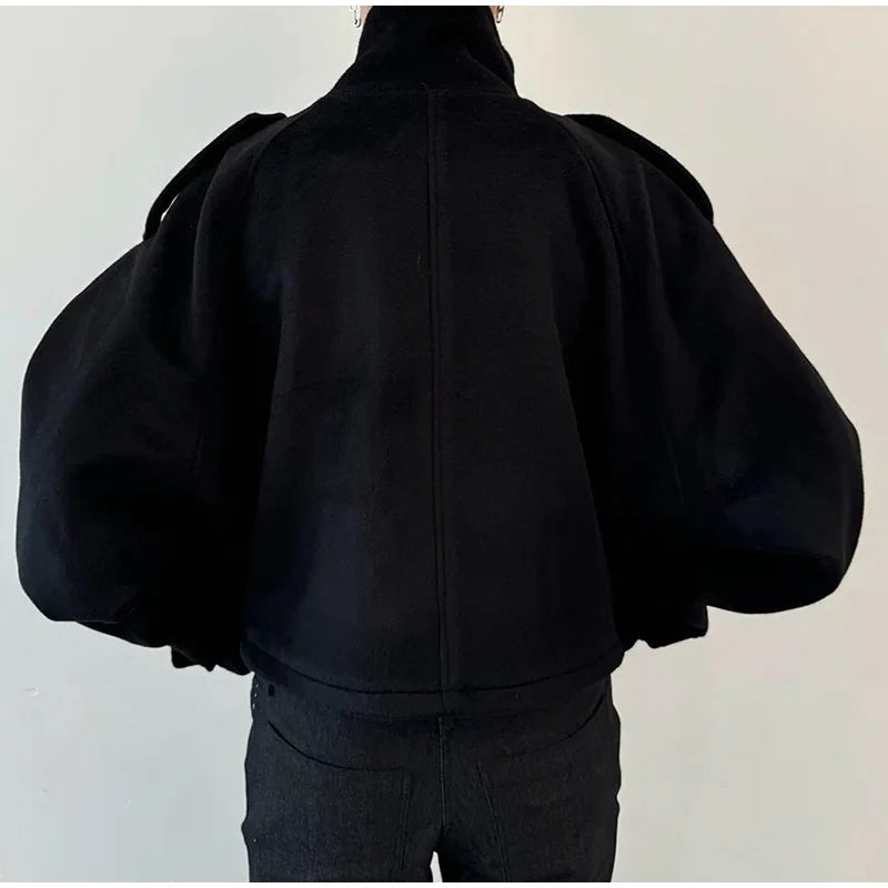 Fashion Short Woolen Coat For Women Stand Collar Full Sleeve Loose Zipper Jacket Female 2025 Spring Autumn Solid Lady Outwear