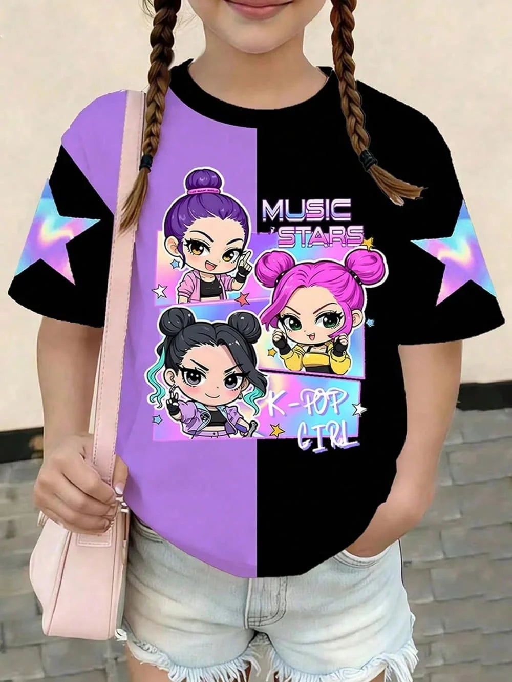 Kpop Cartoon Graphic Girls T-Shirt Casual Round-Neck T-Shirt Suitable for Girls Kids Gift Short Sleeve Tops Children's Clothing