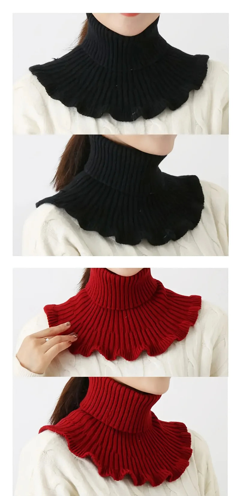 Fashionable black and white knitted false neck scarf - soft, thick, and warm, with elegant ruffle edge design for women
