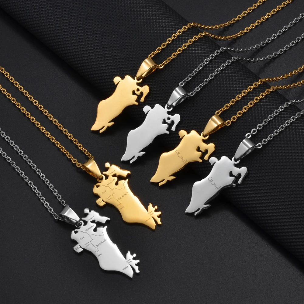 Anniyo 1Piece, Bahrain Map Pendant Necklaces Stainless Steel Jewelry 2025 New Arrivals #500962