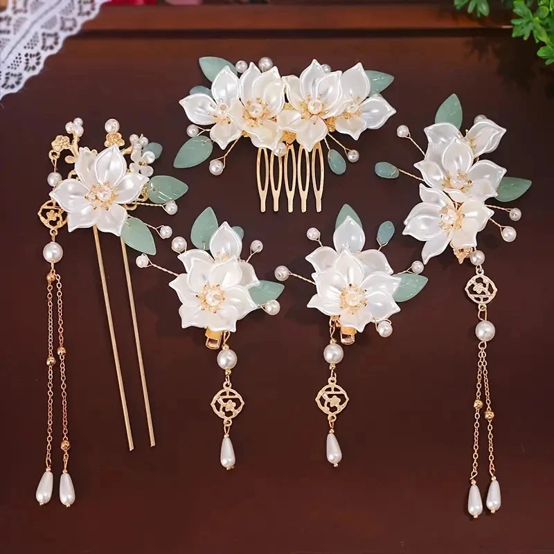 5-piece set featuring vintage floral and tassel designs, handmade Hanfu hair accessories, elegant classical style artificial flo