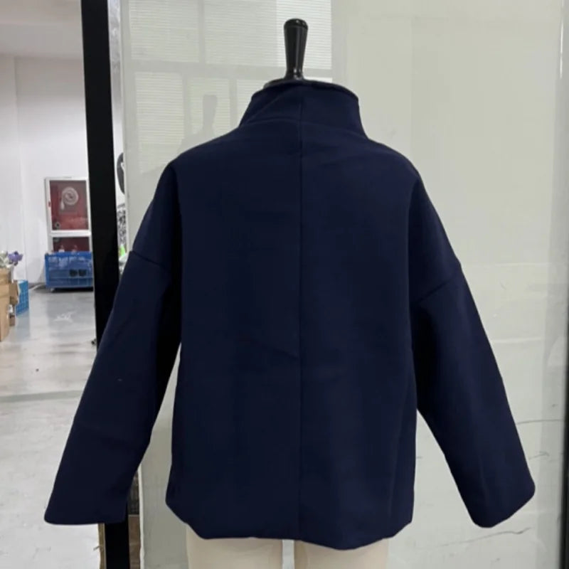 Fashion Short Woolen Coat For Women Stand Collar Full Sleeve Loose Zipper Jacket Female 2025 Spring Autumn Solid Lady Outwear
