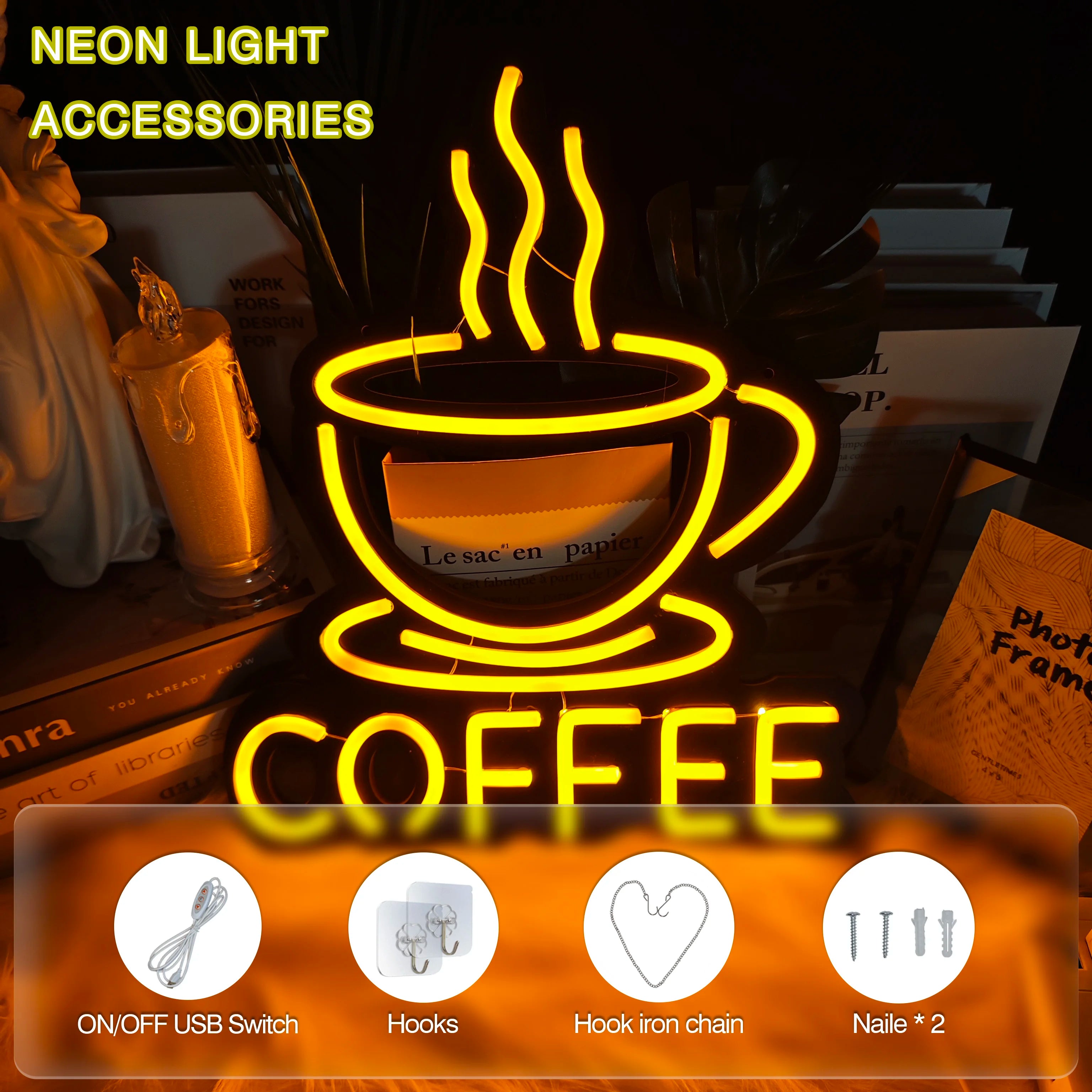 1 pc Bright coffee LED neon sign decoration, used for wall coffee neon signs in coffee bars, coffee shops, and home decor