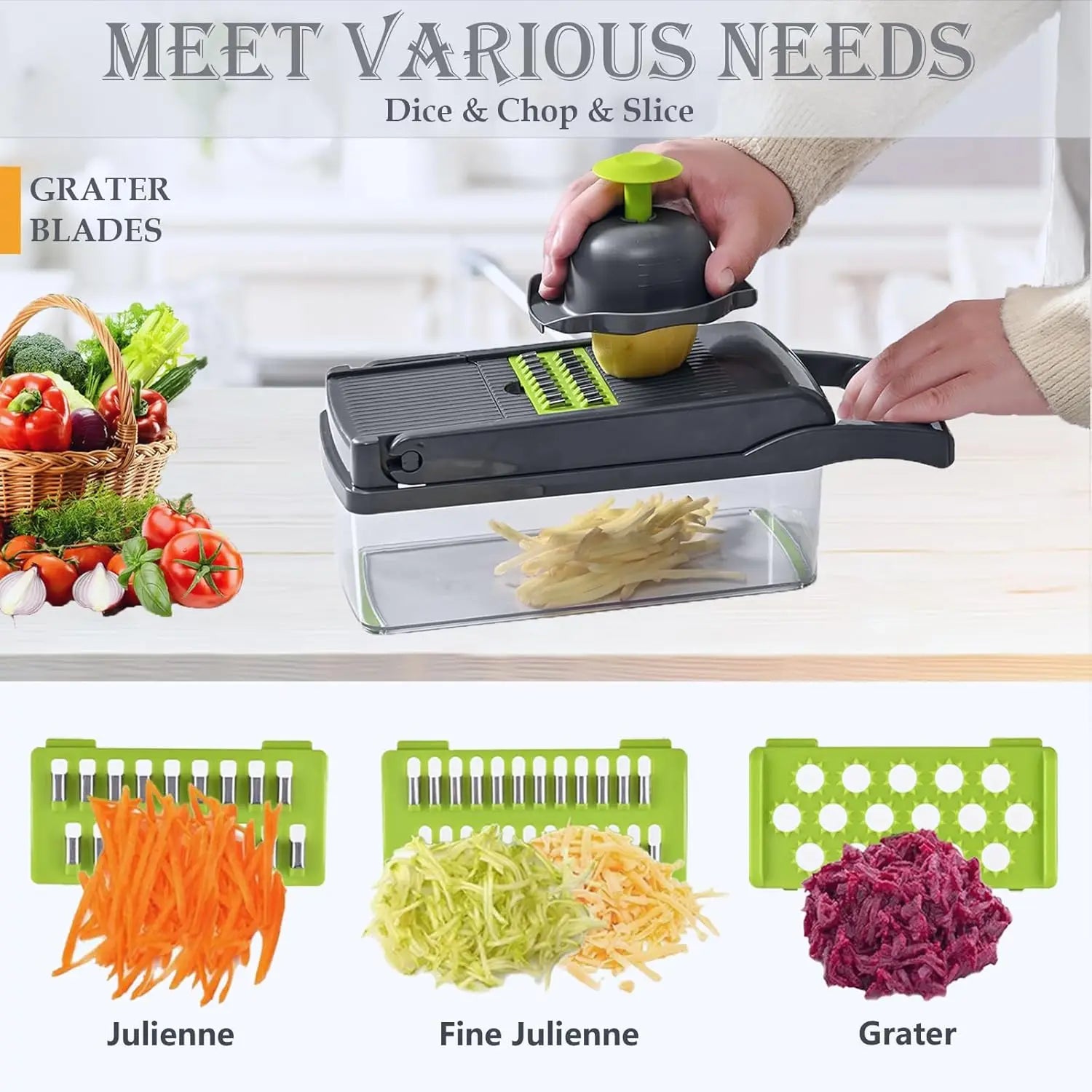 12.5in Multifunctional Vegetable Chopper 8 Interchangeable Blades Food Slicer Dicer Ideal for Fruits Onions and Kitchen Prep