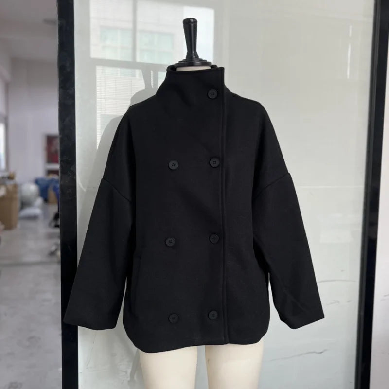 Fashion Short Woolen Coat For Women Stand Collar Full Sleeve Loose Zipper Jacket Female 2025 Spring Autumn Solid Lady Outwear