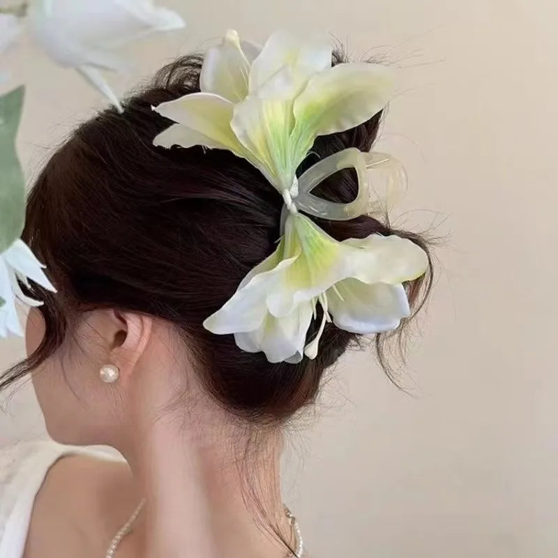 Lily Flower Grasp Clip Fresh Sweet Beach Flowers Claw Barrettes Acetic Acid Hair Clip Hair Commuter Side Hair Accessories