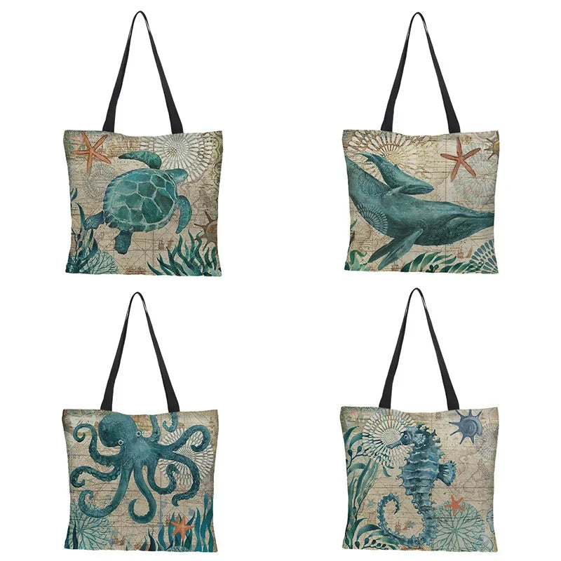 Shopping Bag Large Capacity Fashionable Tote Turtles Seahorse Whale Octopus Animal Single Shoulder Bag