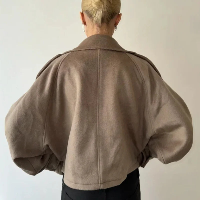 Fashion Short Woolen Coat For Women Stand Collar Full Sleeve Loose Zipper Jacket Female 2025 Spring Autumn Solid Lady Outwear