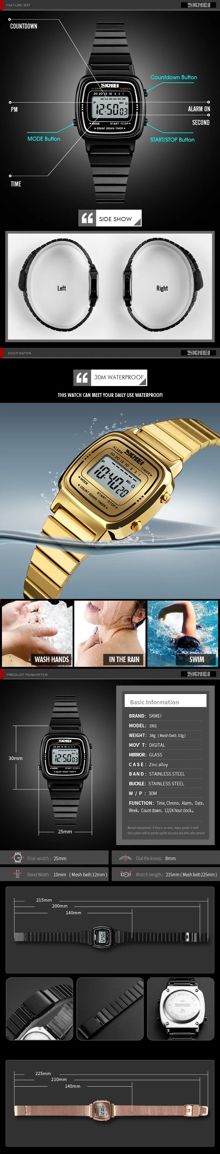 Skmei Women Bracelet Dress Watches Luxury Brand Stainless Steel Strap Fashion Waterproof Digital Chronograph Wristwatch
